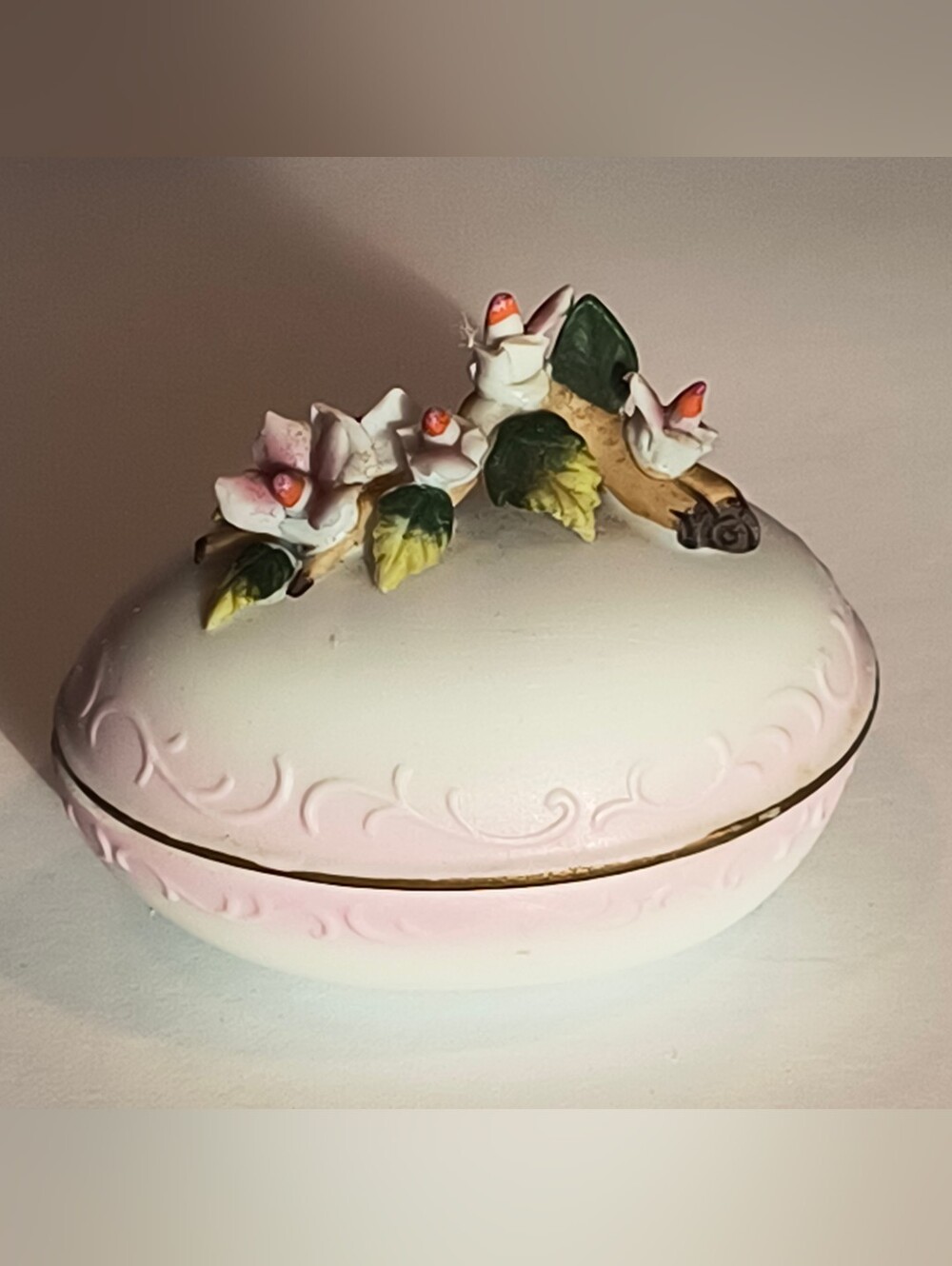 Lefton Pink & White Porcelain Bird and Floral Trinket Box